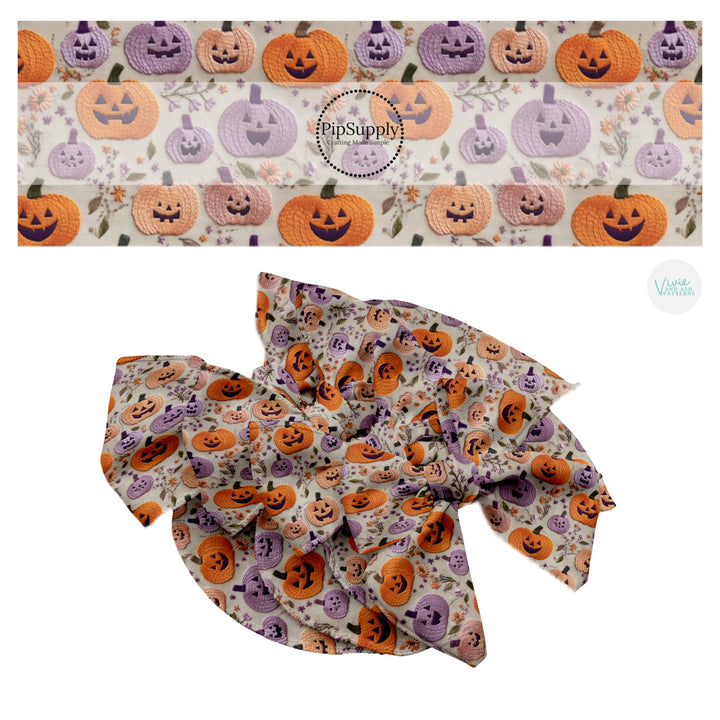 Embroidered purple and orange pumpkins hair bow strips