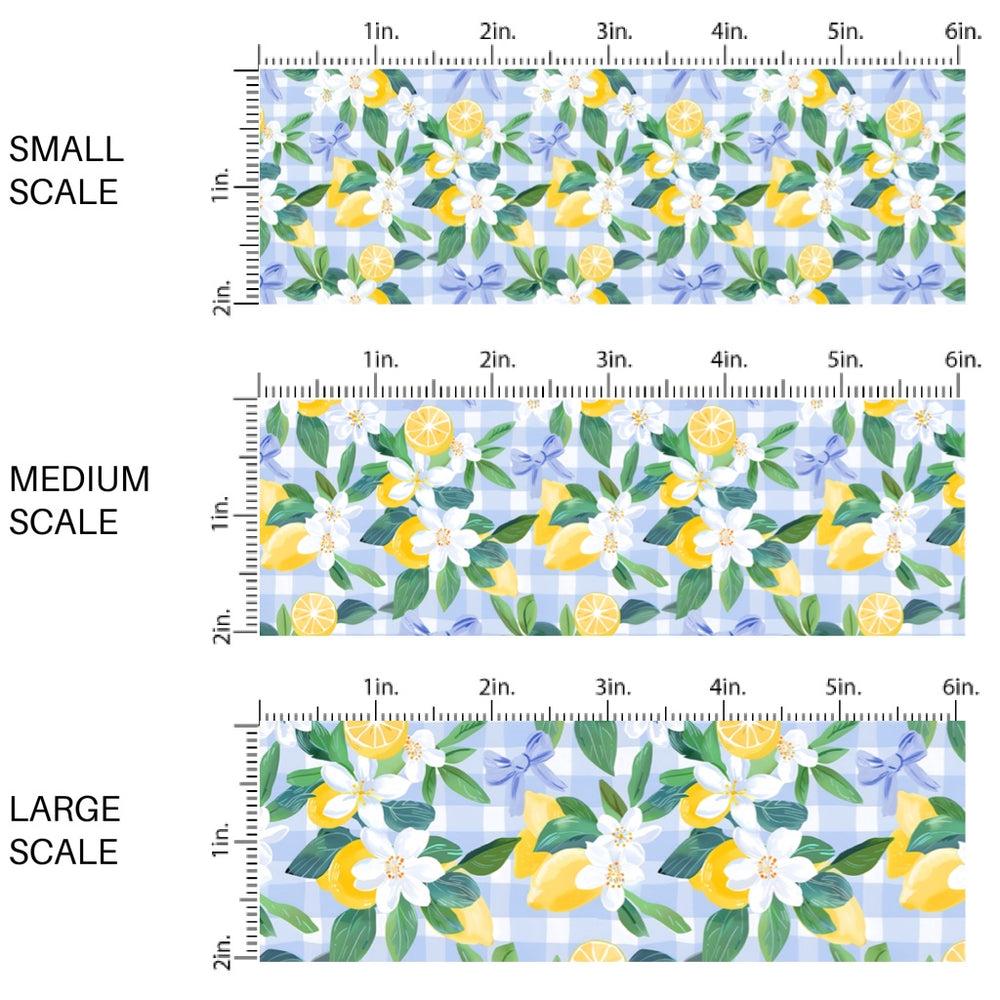 This fruit fabric by the yard features lemons on blue and white gingham pattern. This fun pattern fabric can be used for all your sewing and crafting needs!