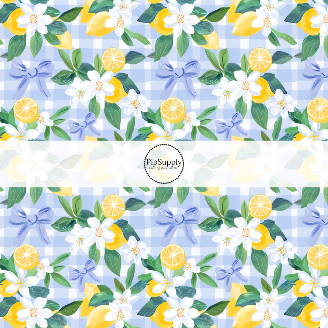 This fruit fabric by the yard features lemons on blue and white gingham pattern. This fun pattern fabric can be used for all your sewing and crafting needs!