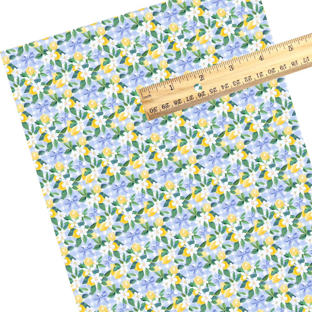 These spring themed faux leather sheets contain the following design elements: lemons on blue and white gingham pattern. Our CPSIA compliant faux leather sheets or rolls can be used for all types of crafting projects.