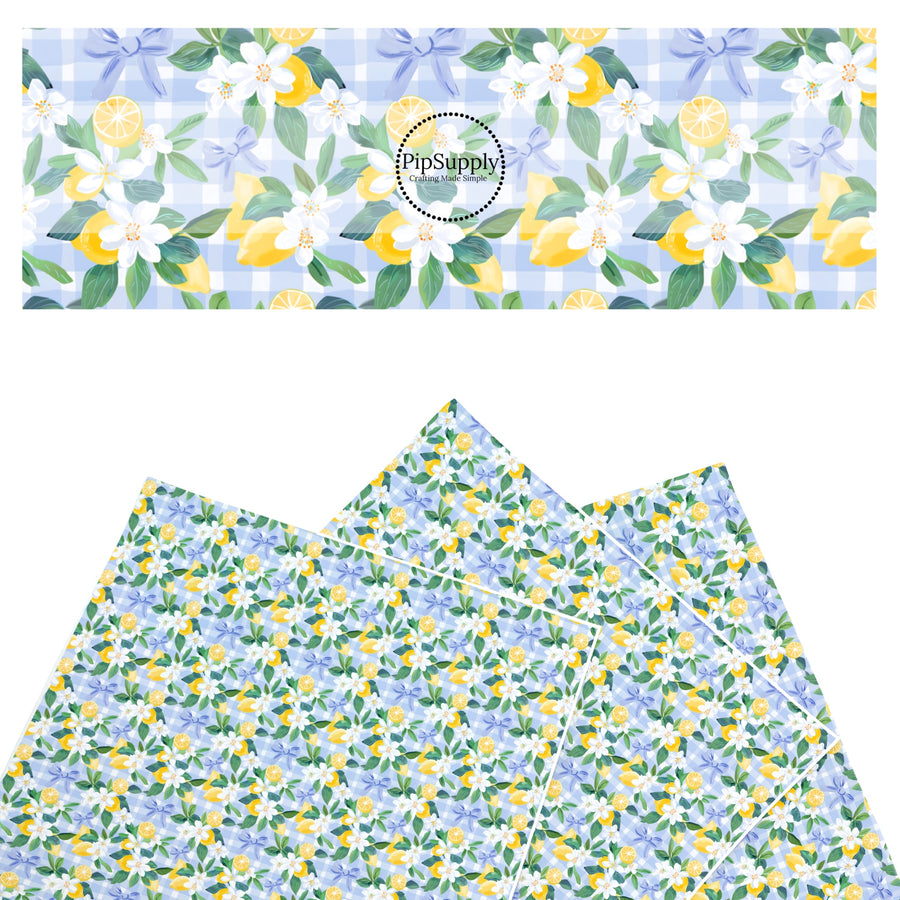 These spring themed faux leather sheets contain the following design elements: lemons on blue and white gingham pattern. Our CPSIA compliant faux leather sheets or rolls can be used for all types of crafting projects.