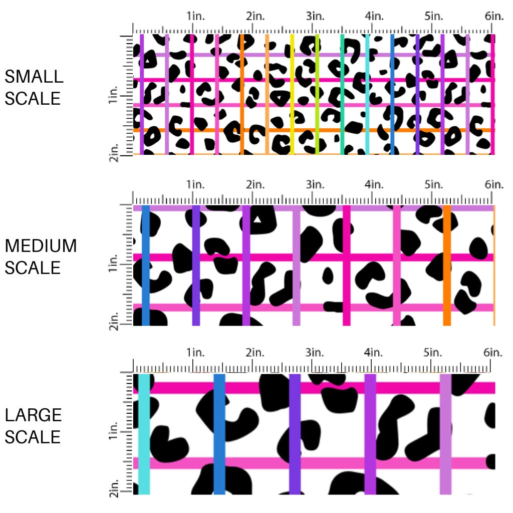 This scale chart of small scale, medium scale, and large scale of this animal fabric by the yard features rainbow grid on leopard pattern. This fun themed fabric can be used for all your sewing and crafting needs!