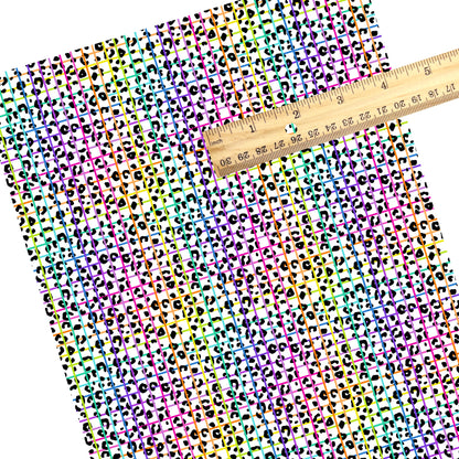 These animal faux leather sheets contain the following design elements: rainbow grid on leopard pattern. Our CPSIA compliant faux leather sheets or rolls can be used for all types of crafting projects.