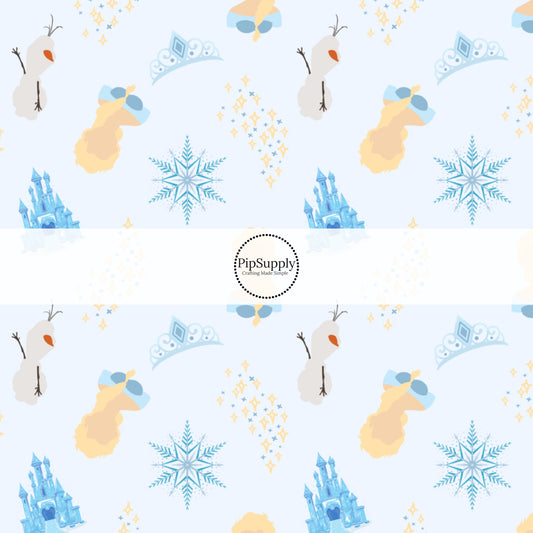 This snowflake and ice inspired fabric by the yard features the following design: blonde princess and snowman surrounded by castles and snowflakes on light blue. This fun themed fabric can be used for all your sewing and crafting needs!