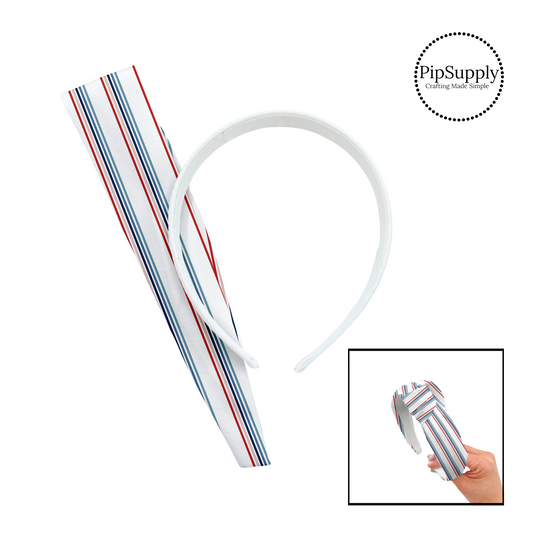 Light blue, navy, pink, and red stripes on white knotted headband