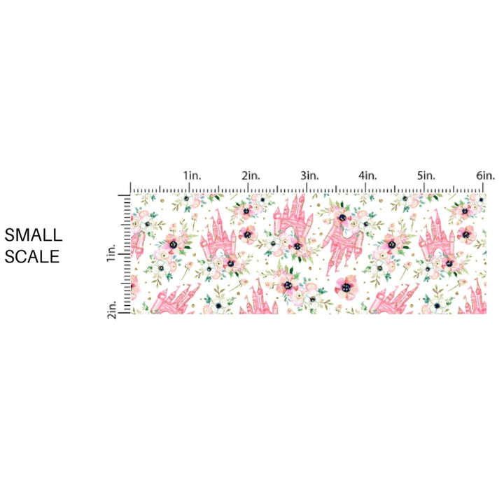 These magical castle themed fabric by the yard features pink castles and flowers. This fun pattern fabric can be used for all your sewing and crafting needs!