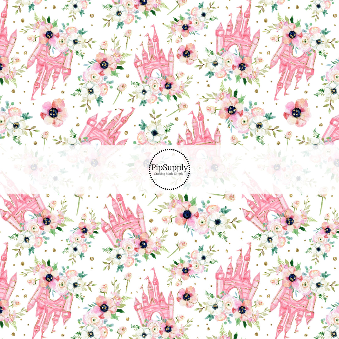 These magical castle themed fabric by the yard features pink castles and flowers. This fun pattern fabric can be used for all your sewing and crafting needs!