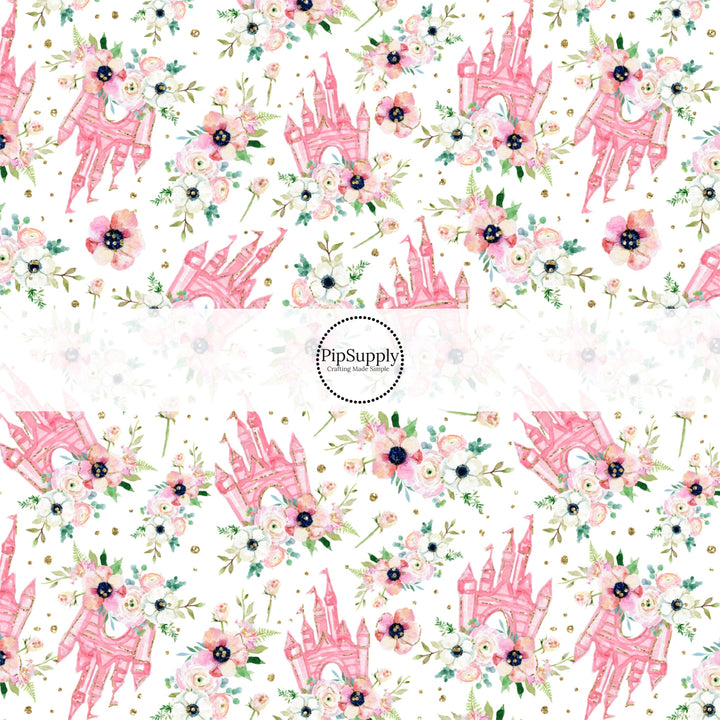 These magical castle themed fabric by the yard features pink castles and flowers. This fun pattern fabric can be used for all your sewing and crafting needs!