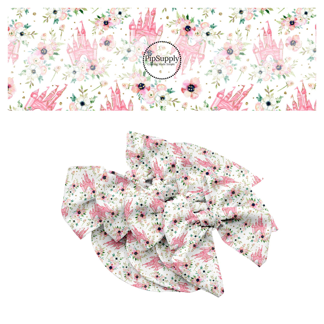 These magical castle themed no sew bow strips can be easily tied and attached to a clip for a finished hair bow. These bow strips are great for personal use or to sell. These bow strips feature the following design elements: pink castles and flowers.