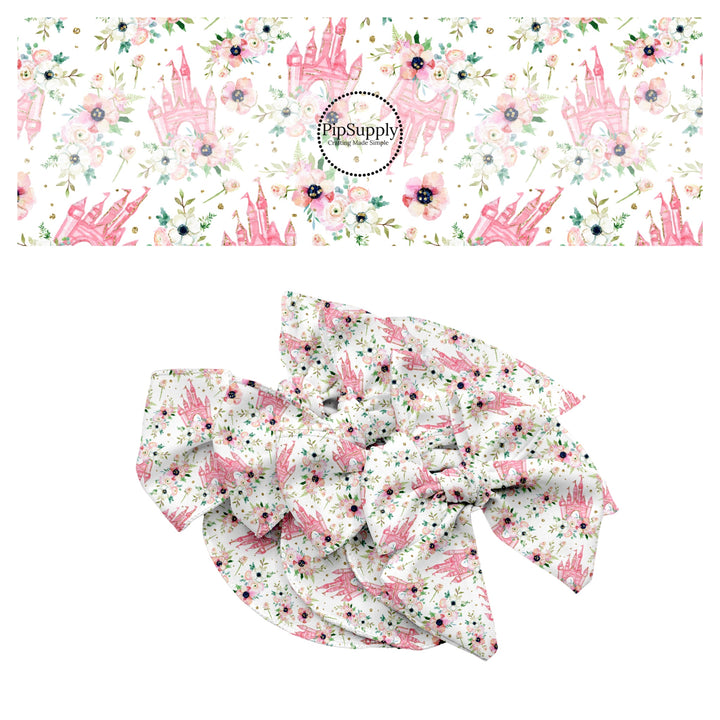 These magical castle themed no sew bow strips can be easily tied and attached to a clip for a finished hair bow. These bow strips are great for personal use or to sell. These bow strips feature the following design elements: pink castles and flowers.