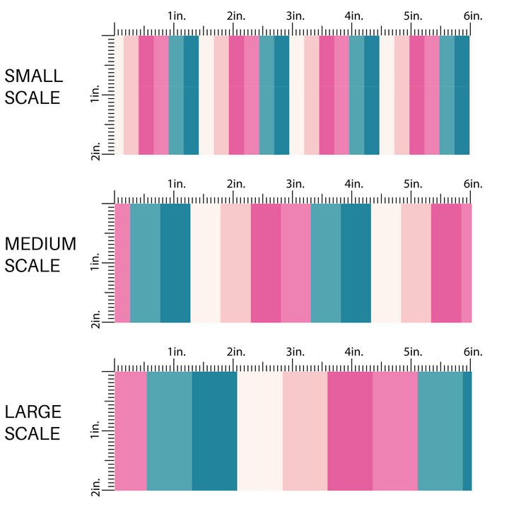 This scale chart of small scale, medium scale, and large scale of these stripe themed blue, cream, and pink fabric by the yard features white, cream, light pink, pink, teal and blue stripes. 