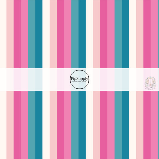 These stripe themed blue, cream, and pink fabric by the yard features white, cream, light pink, pink, teal and blue stripes. 