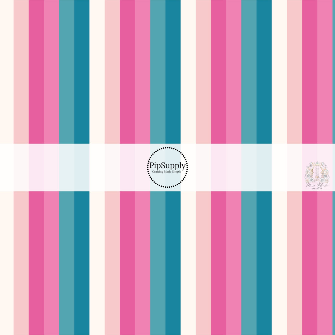 These stripe themed blue, cream, and pink fabric by the yard features white, cream, light pink, pink, teal and blue stripes. 