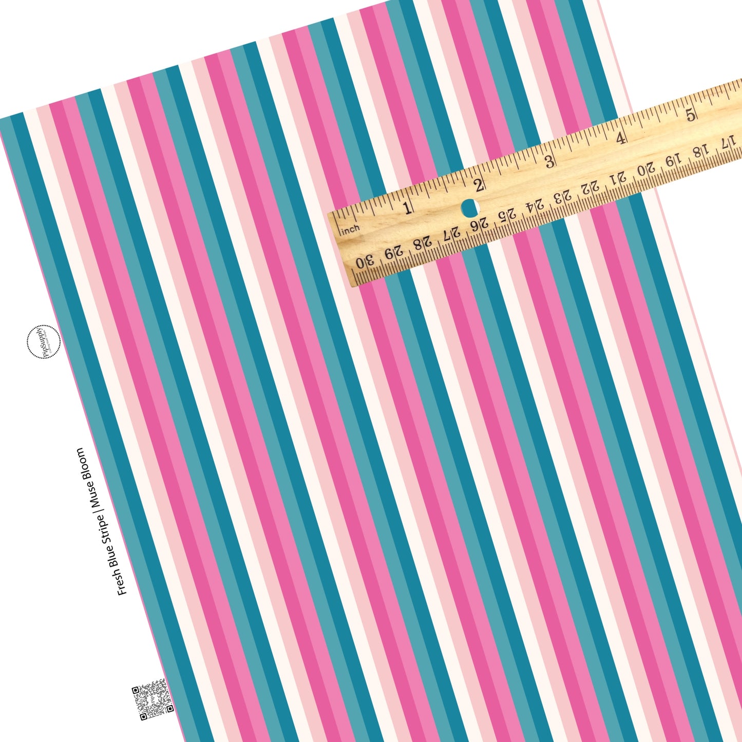 These stripe themed blue, cream, and pink faux leather sheets contain the following design elements: white, cream, light pink, pink, teal, and blue stripes. 