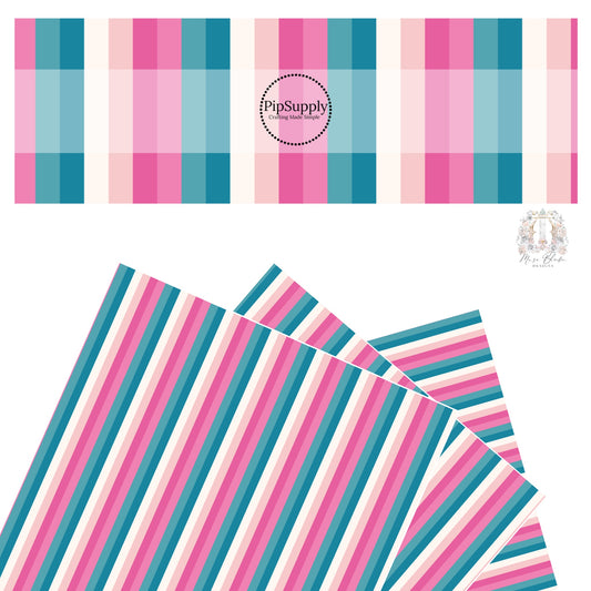 These stripe themed blue, cream, and pink faux leather sheets contain the following design elements: white, cream, light pink, pink, teal, and blue stripes. 