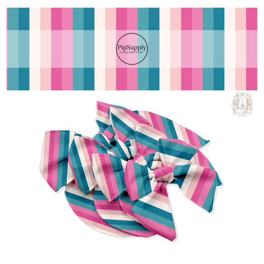 These stripe themed blue, cream, and pink no sew bow strips can be easily tied and attached to a clip for a finished hair bow. These fun striped themed bow strips features white, cream, light pink, pink, teal and blue stripes are great for personal use or to sell.