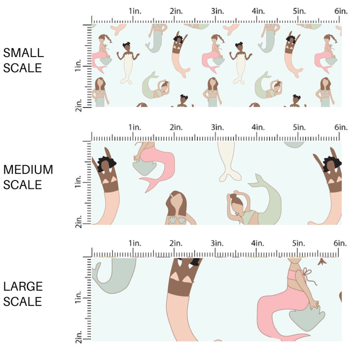 This scale chart of small scale, medium scale, and large scale of this beach fabric by the yard features mermaids on light aqua. This fun summer themed fabric can be used for all your sewing and crafting needs!