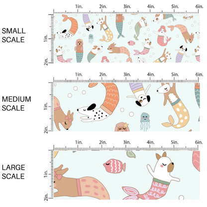 This scale chart of small scale, medium scale, and large scale of this beach fabric by the yard features mermaid dogs on light aqua. This fun summer themed fabric can be used for all your sewing and crafting needs!