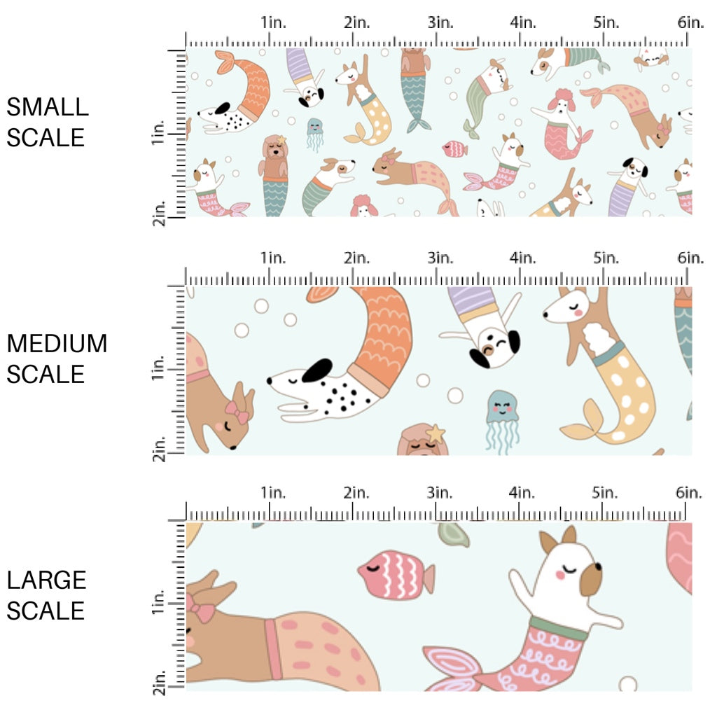 This scale chart of small scale, medium scale, and large scale of this beach fabric by the yard features mermaid dogs on light aqua. This fun summer themed fabric can be used for all your sewing and crafting needs!