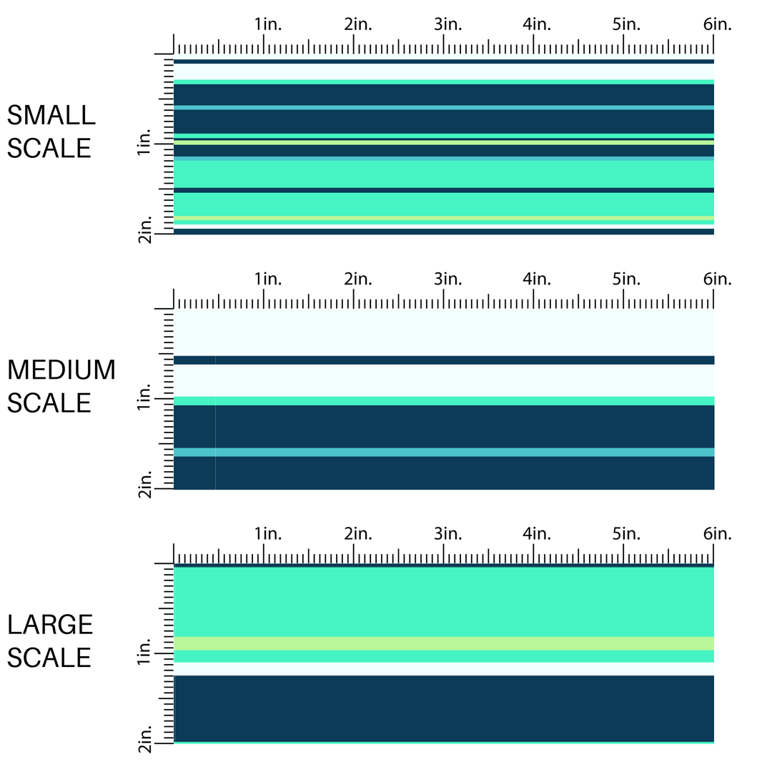 This image has three fabric scales of small, medium, and large scale tropical stripes in aqua, teal, light blue, light green, and dark navy fabric by the yard.