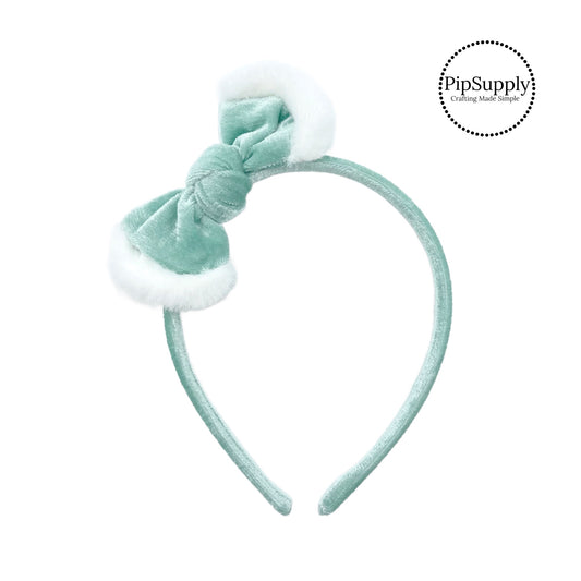 velvet knotted bow on a headband with white fur trim