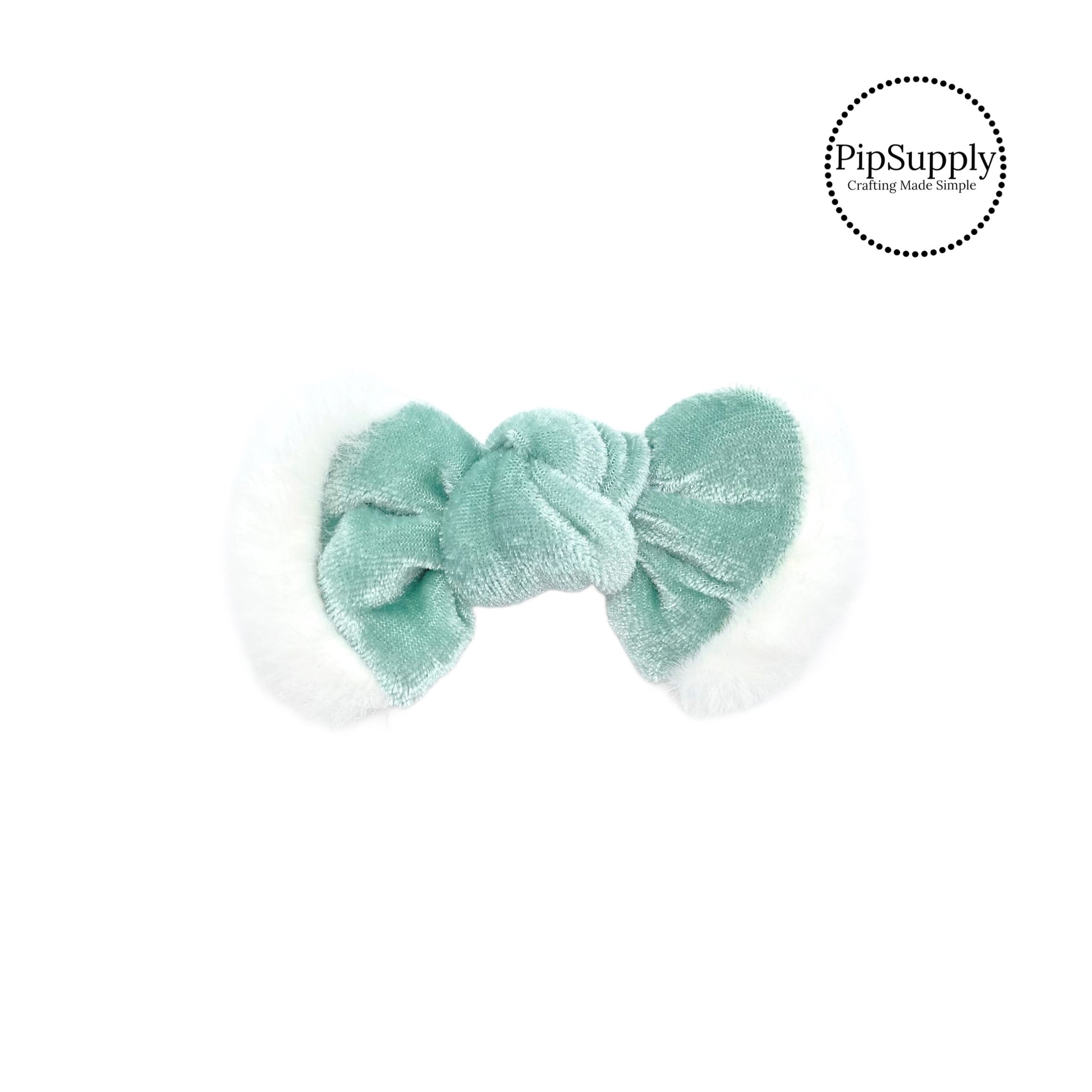 small winter aqua velvet knotted bow with white fur trim