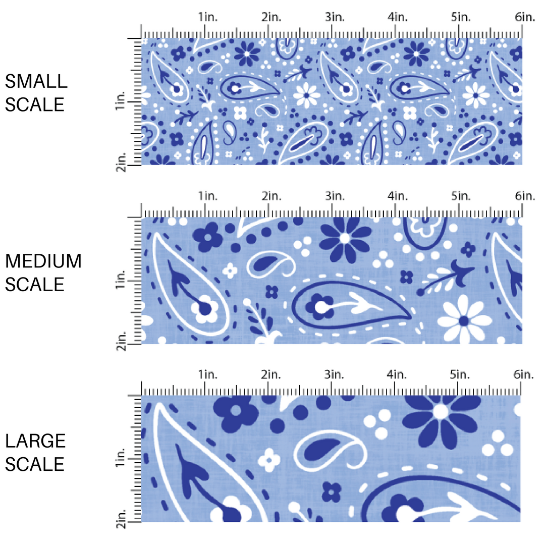 This scale chart with small scale, medium scale, and large scale of these patriotic and western light blue fabric by the yard features white, light blue and dark blue bandana pattern. 