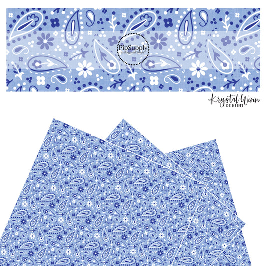 These patriotic and western light blue faux leather sheets contain the following design elements: white, light blue, and dark blue bandana pattern. 