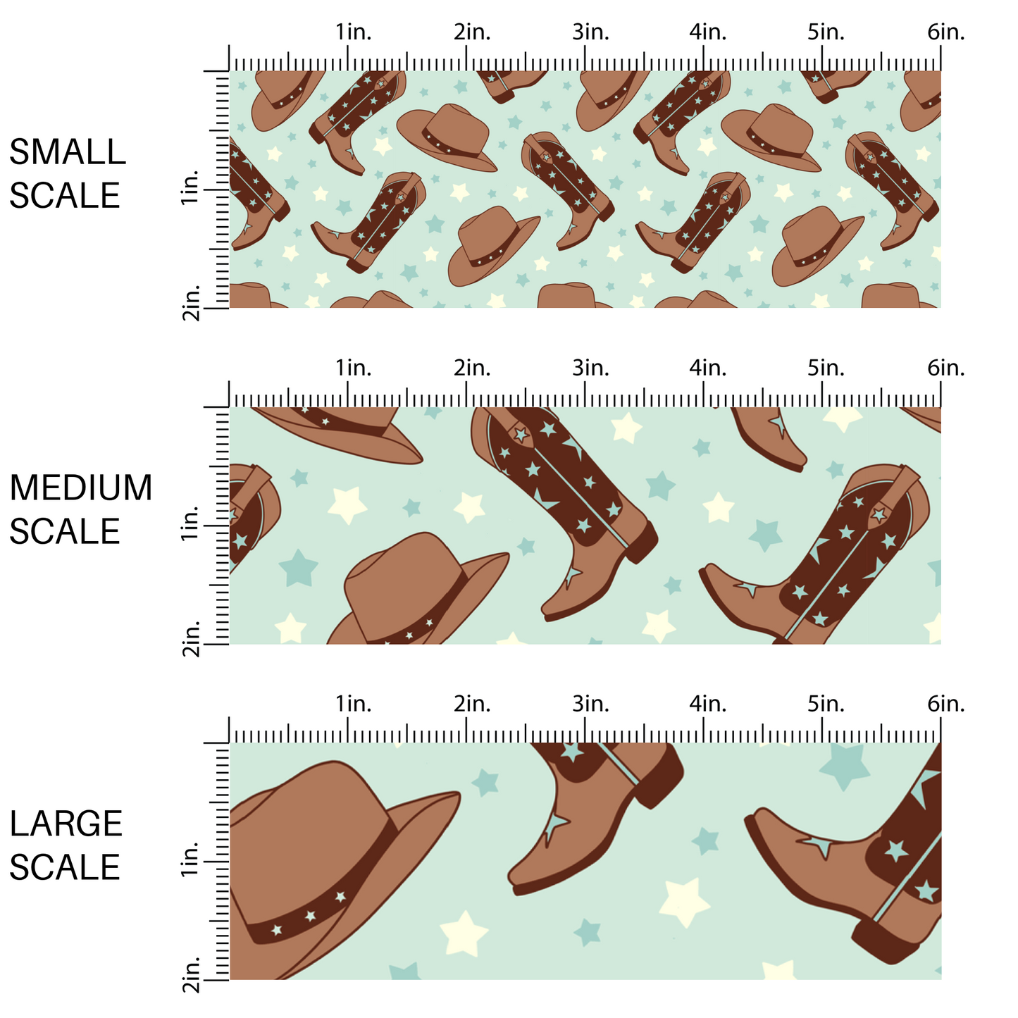 This scale chart with small scale, medium scale, and large scale of these western themed light blue pattern fabric by the yard features light blue and brown cowgirl hats and cowgirl boots along with tiny blue and cream stars. 
