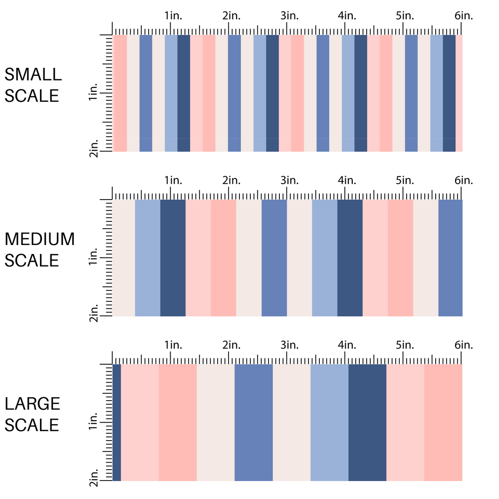 This scale chart of small scale, medium scale, and large scale of these stripe themed blue, cream, and peach fabric by the yard features white, tan, light pink, light peach, periwinkle and navy blue stripes.