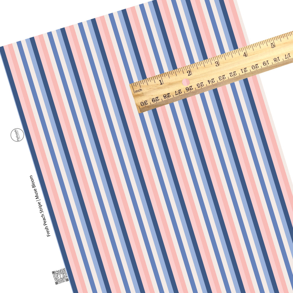 These stripe themed blue, cream, and peach faux leather sheets contain the following design elements: white, tan, light pink, light peach, periwinkle, and navy blue stripes.