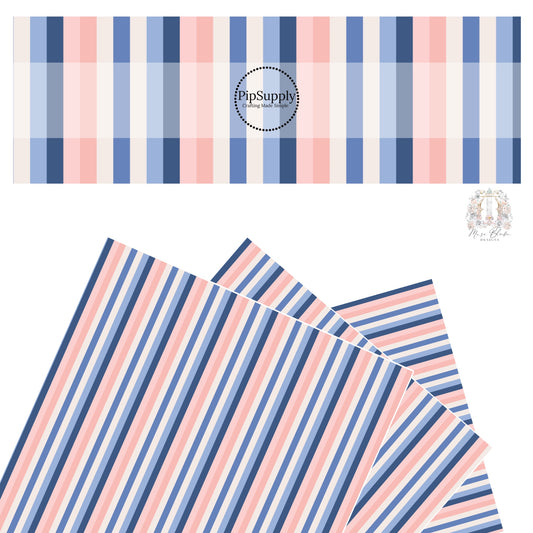 These stripe themed blue, cream, and peach faux leather sheets contain the following design elements: white, tan, light pink, light peach, periwinkle, and navy blue stripes.