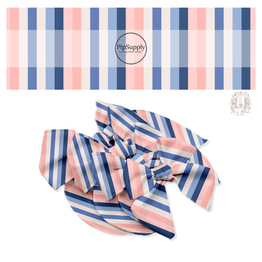 These stripe themed blue, cream, and peach no sew bow strips can be easily tied and attached to a clip for a finished hair bow. These fun striped themed bow strips features white, tan, light pink, light peach, periwinkle, and navy blue stripes are great for personal use or to sell.