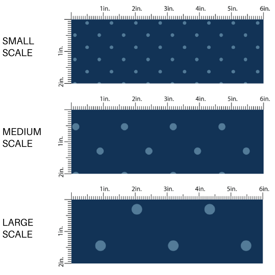 This scale chart of the small scale, medium scale, and large scale of these dot themed navy blue fabric by the yard features light blue dots on dark blue. This fun summer dot themed fabric can be used for all your sewing and crafting needs! 