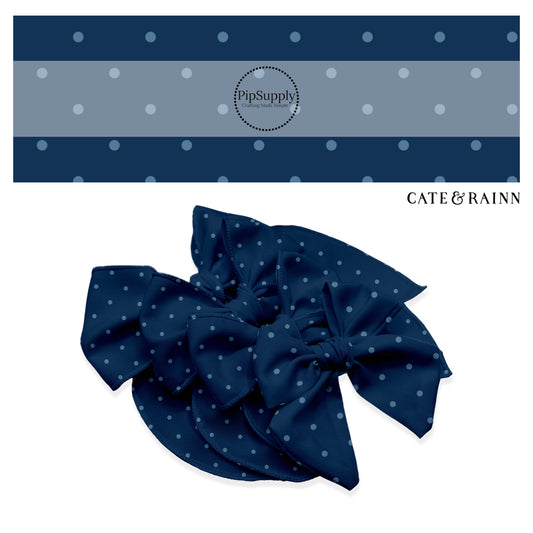 These dot themed navy blue no sew bow strips can be easily tied and attached to a clip for a finished hair bow. These fun summer dot themed bow strips features light blue dots on dark blue are great for personal use or to sell.