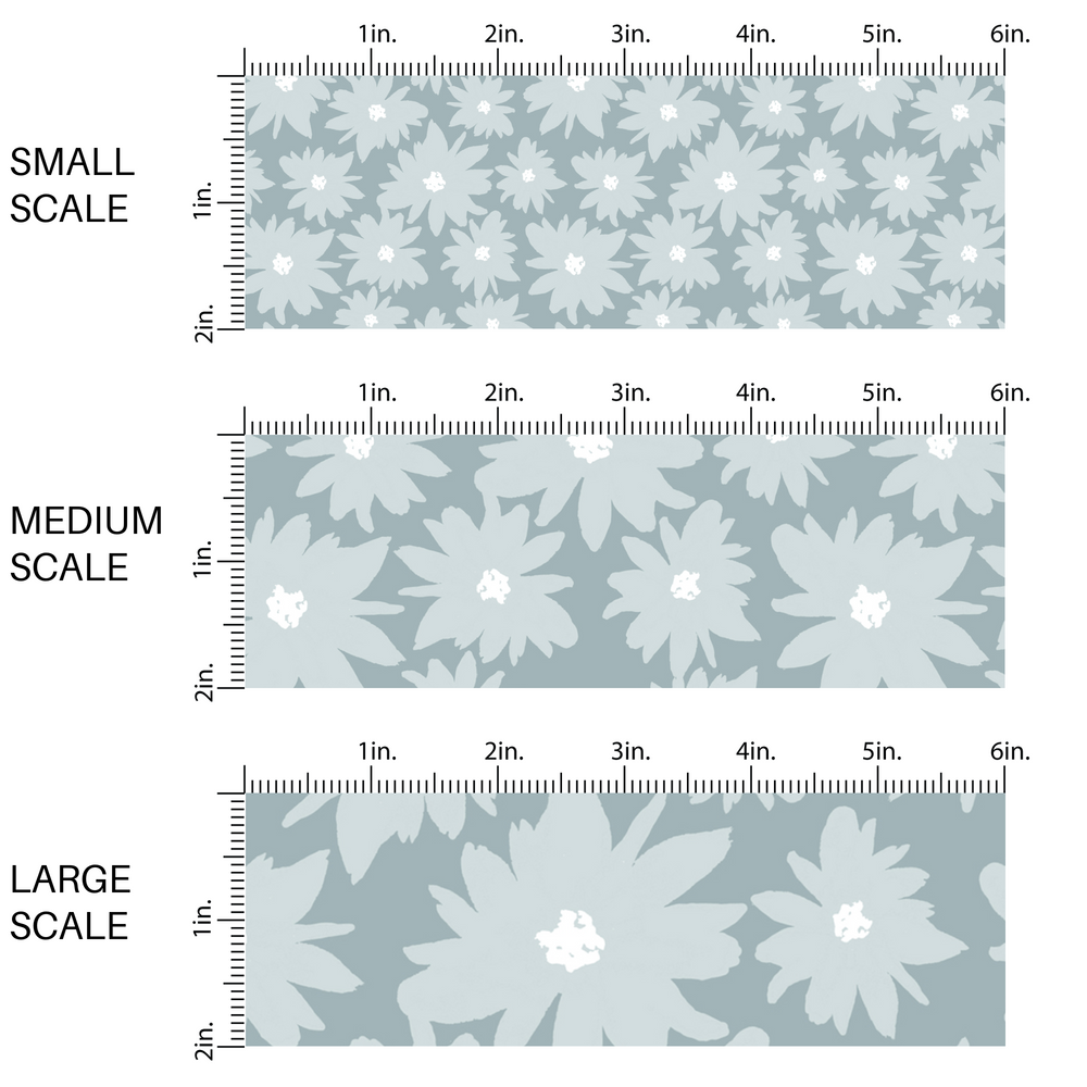 This scale image of small scale, medium scale, and large scale of these light colored flowers on light blue fabric by the yard features hyacinth blue and gray bloom flowers. 