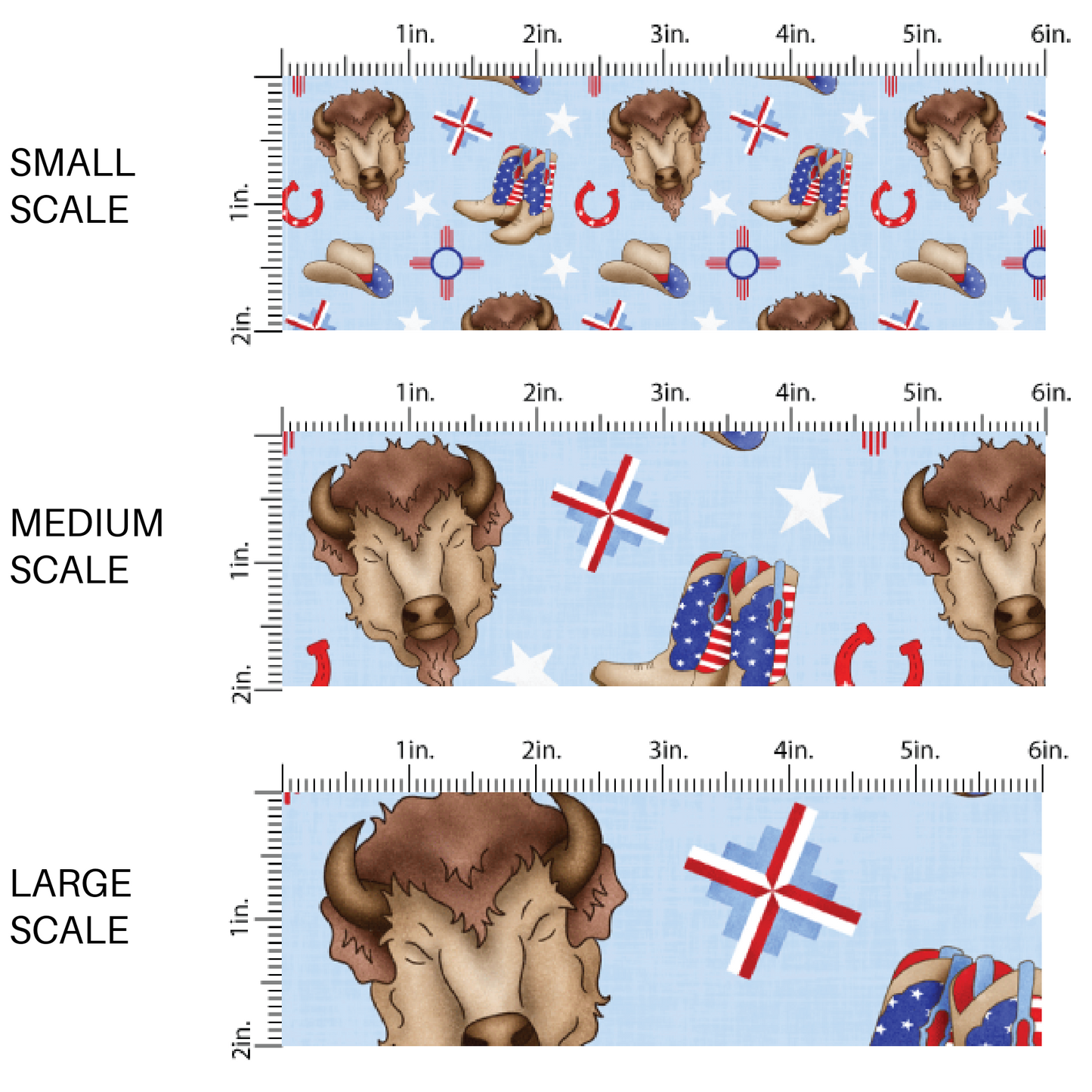 This scale chart with small scale, medium scale, and large scale of these patriotic and western light blue fabric by the yard features buffalos, horseshoes, white stars, cowboy boots, and cowboy hats.