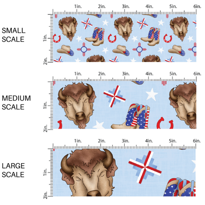 This scale chart with small scale, medium scale, and large scale of these patriotic and western light blue fabric by the yard features buffalos, horseshoes, white stars, cowboy boots, and cowboy hats.