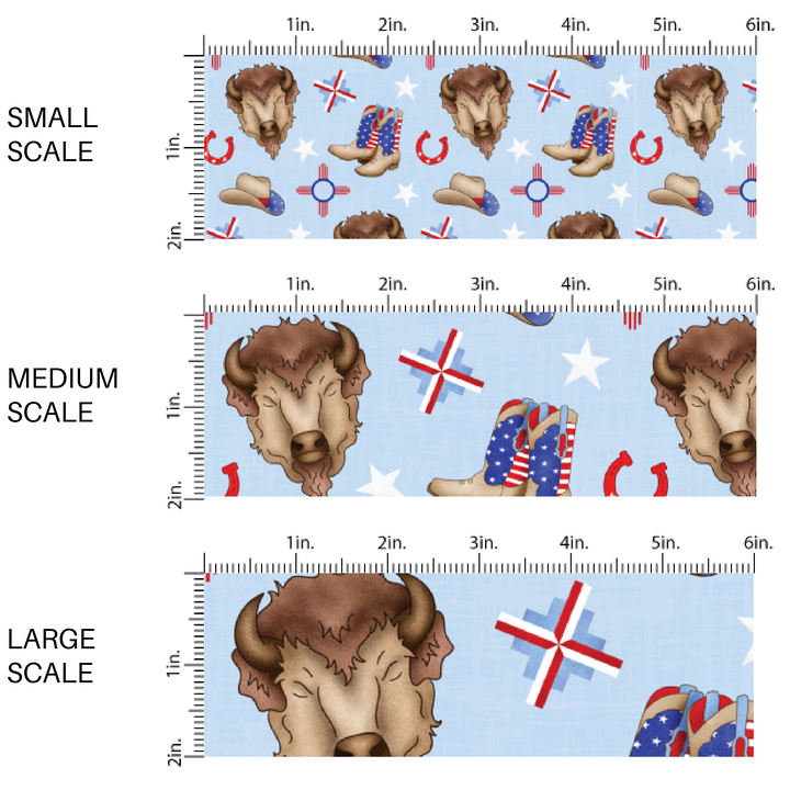 This scale chart with small scale, medium scale, and large scale of these patriotic and western light blue fabric by the yard features buffalos, horseshoes, white stars, cowboy boots, and cowboy hats.