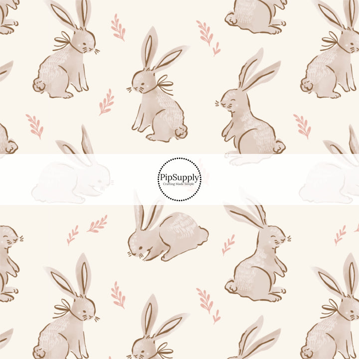 Light Brown Bunnies and Sprigs on Cream Fabric by the Yard.