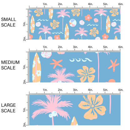 This scale chart is small scale, medium scale, and large scale pastel pink palm trees, light orange and pink surfboards, beachballs, seashells, and waves on dark blue fabric by the yard.