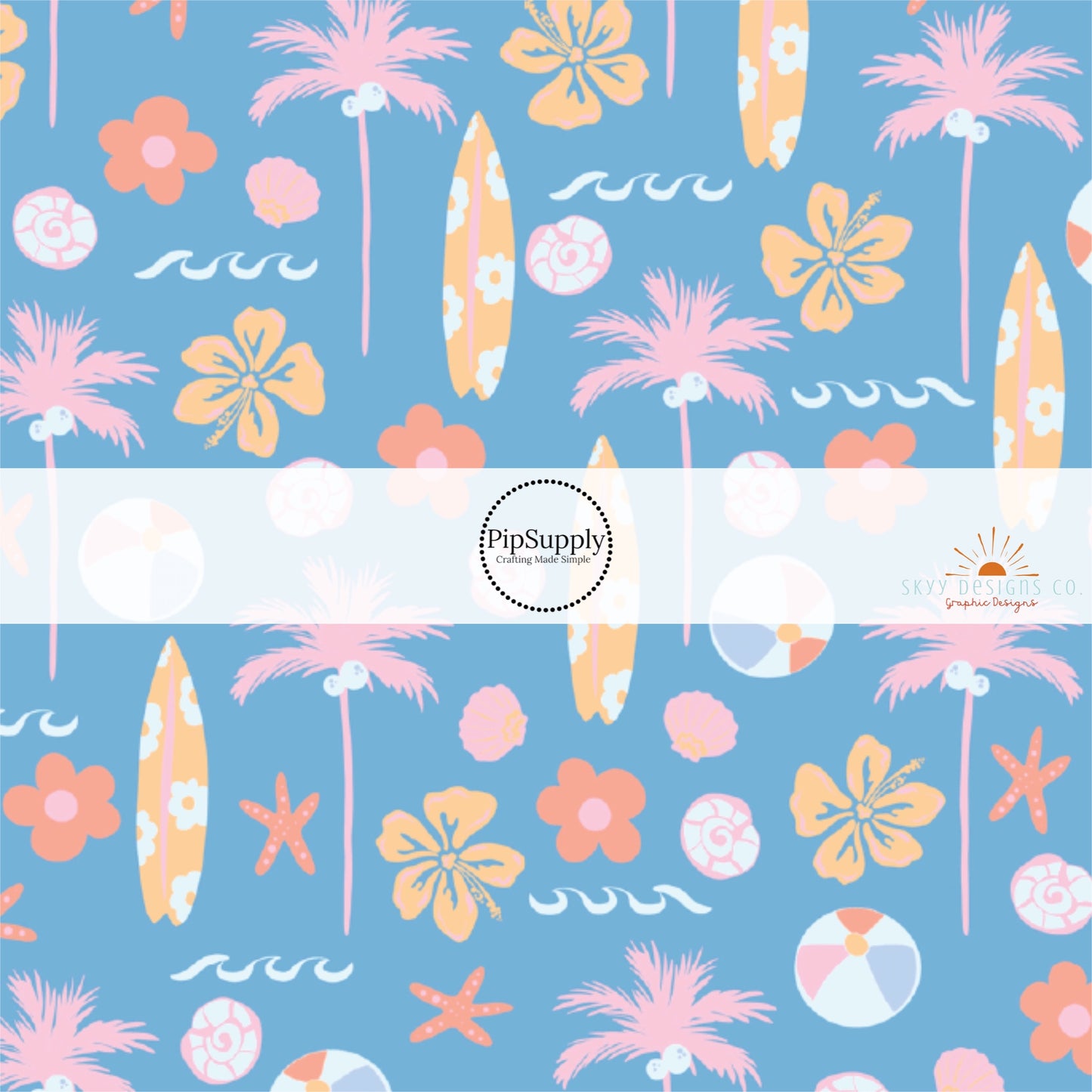 Pastel pink palm trees, light orange and pink surfboards, beachballs, seashells, and waves on dark blue fabric by the yard.