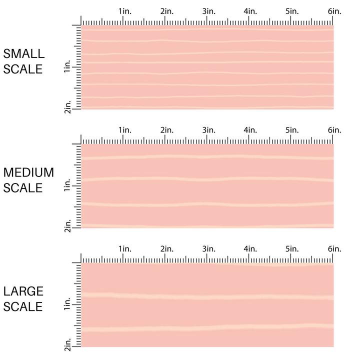 This scale image of small scale, medium scale, and large scale of these stripe themed light pink fabric by the yard features small cream pinstripes on light peach.