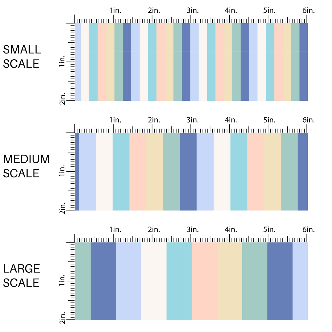 This scale chart of small scale, medium scale, and large scale of these stripe themed seafoam and periwinkle fabric by the yard features white, tan, teal, aqua, light blue, and periwinkle stripes. 