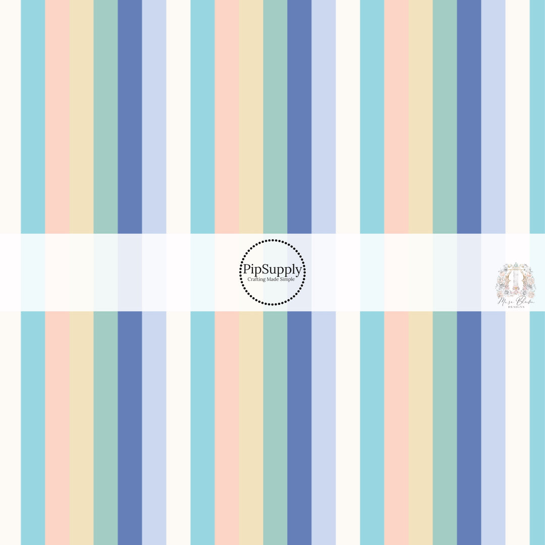 These stripe themed seafoam and periwinkle fabric by the yard features white, tan, teal, aqua, light blue, and periwinkle stripes. 