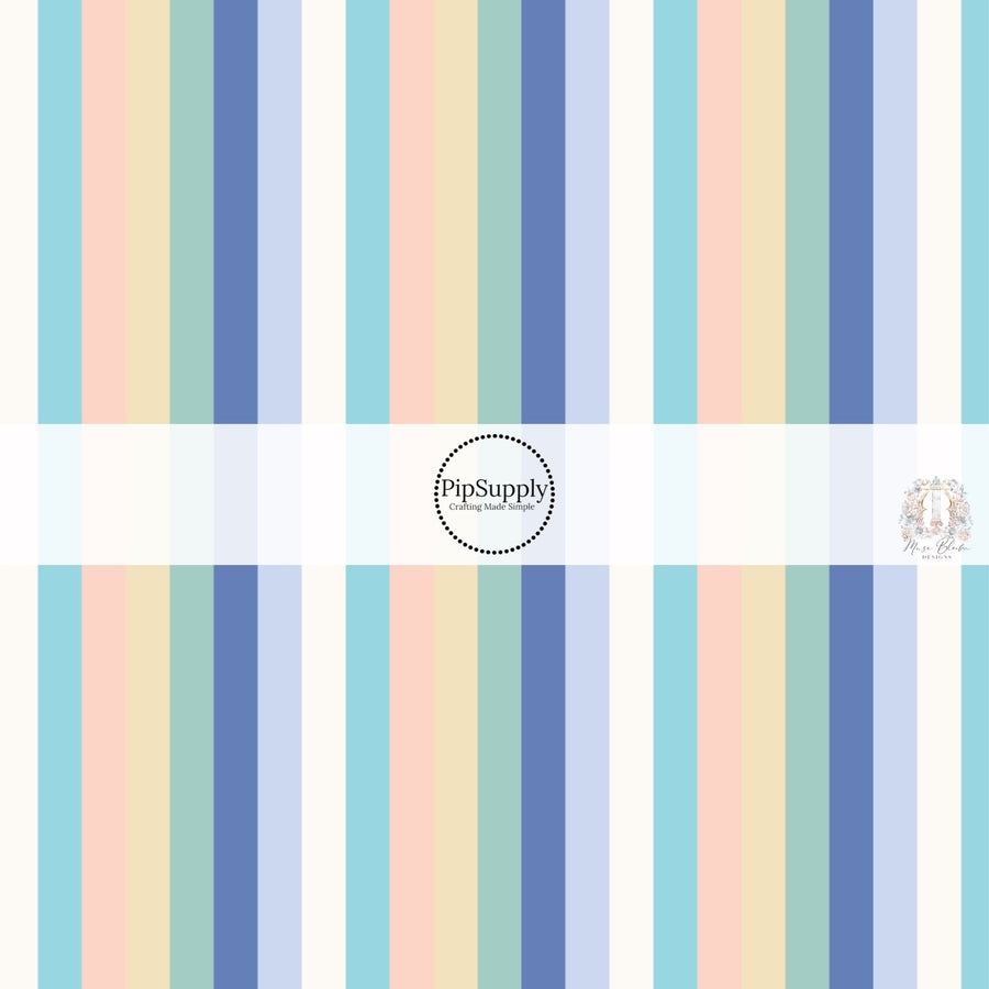 These stripe themed seafoam and periwinkle fabric by the yard features white, tan, teal, aqua, light blue, and periwinkle stripes. 