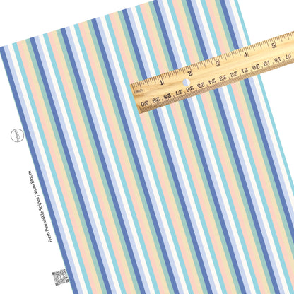These stripe themed seafoam and periwinkle faux leather sheets contain the following design elements: white, tan, teal, aqua, light blue, and periwinkle stripes.