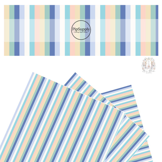 These stripe themed seafoam and periwinkle faux leather sheets contain the following design elements: white, tan, teal, aqua, light blue, and periwinkle stripes.