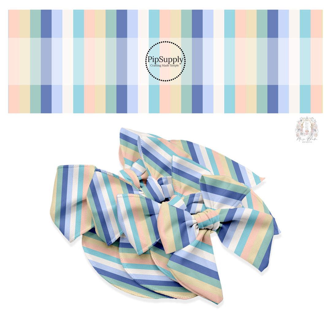 These stripe themed seafoam and periwinkle no sew bow strips can be easily tied and attached to a clip for a finished hair bow. These fun striped themed bow strips features white, tan, teal, aqua, light blue, and periwinkle stripes are great for personal use or to sell.