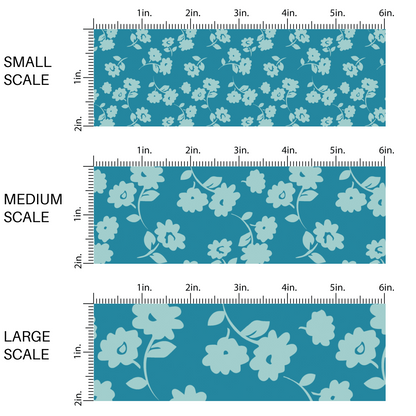 This scale chart of small scale, medium scale and large scale of these floral themed dark teal fabric by the yard features light blue flowers on dark teal. This fun summer floral themed fabric can be used for all your sewing and crafting needs! 